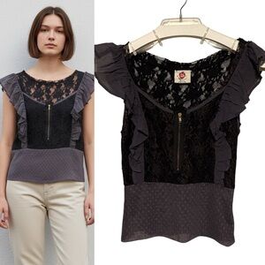 FREE PEOPLE Lace Crochet Ruffle Zip-Front Top
